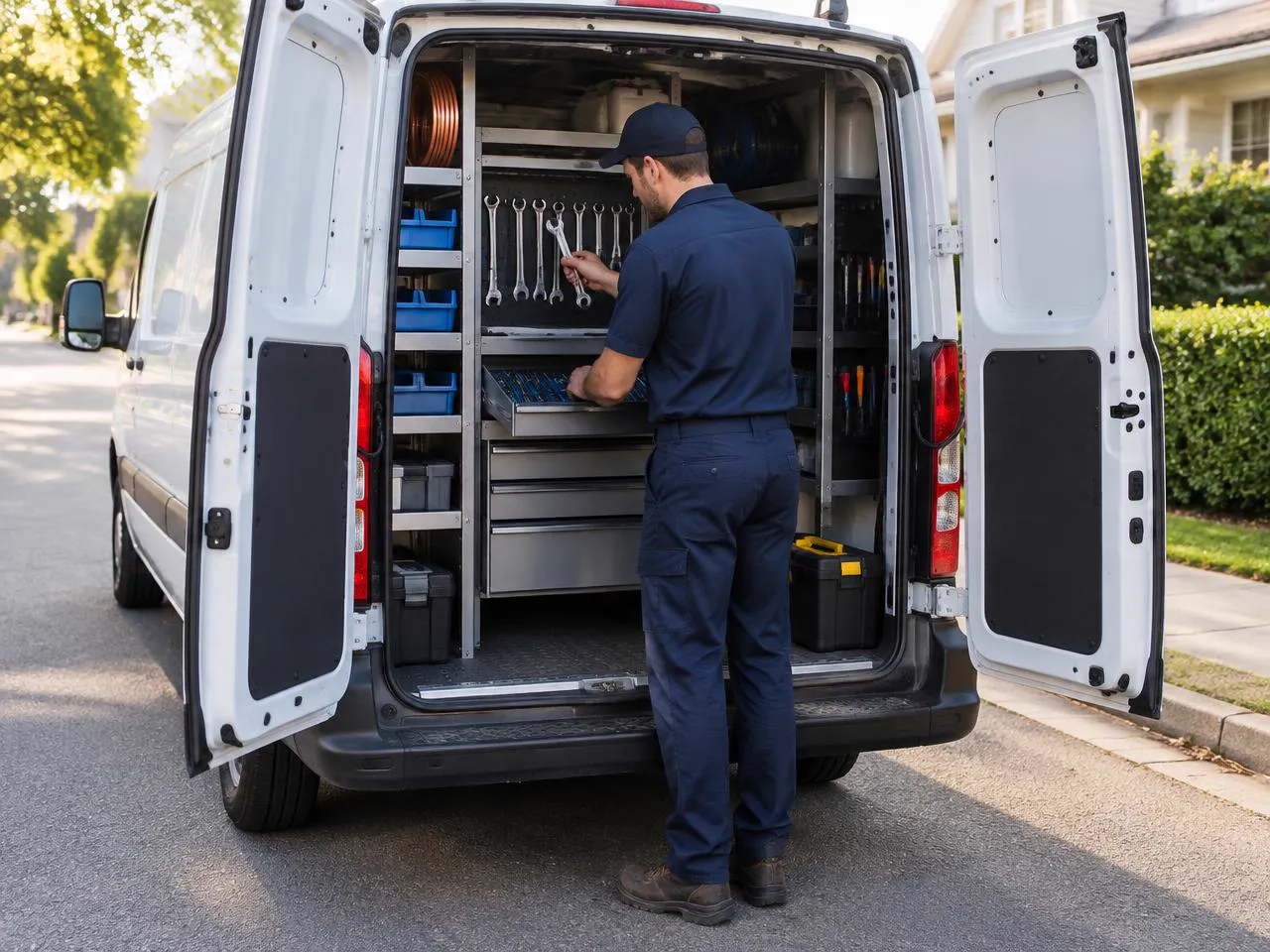 Un artisan Fixus range ses outils dans la fourgonnette d’intervention